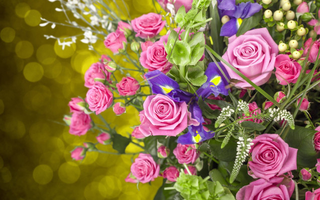 Pink roses purple flowers bouquet free wallpaper for desktop - medium preview image