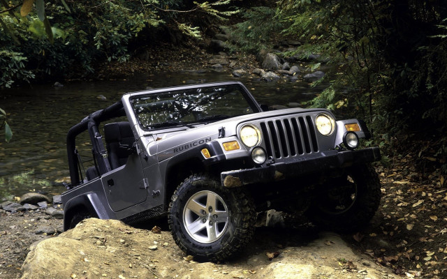 Jeep rocky stream trees foreground free wallpaper for desktop - medium preview image
