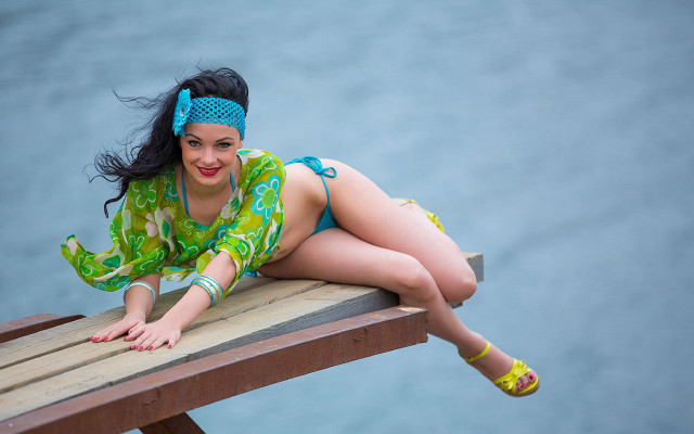 Woman green bikini wooden bench free wallpaper for desktop - medium preview image