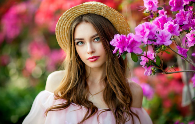 Woman hat pinkflowers portrait photorealistic free wallpaper for desktop - medium preview image