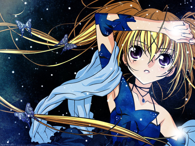 Anime girl blue ribbon butterflies free wallpaper for desktop - medium preview image