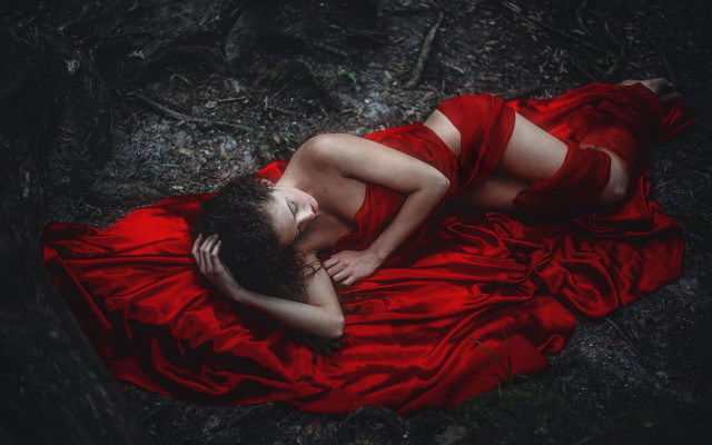 Woman red dress woods starry free wallpaper for desktop - medium preview image