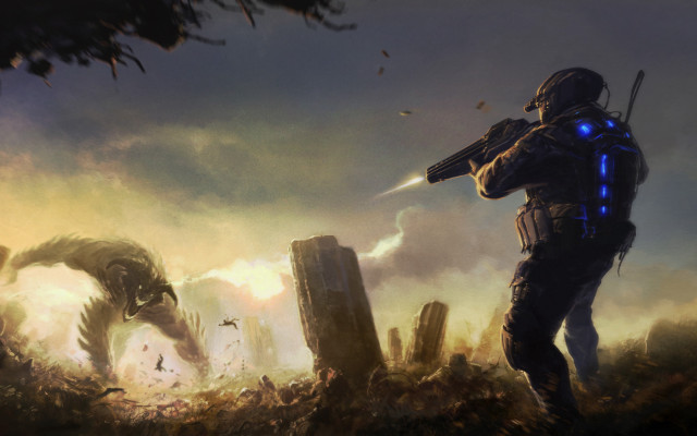 Futuristic man gun monster field free wallpaper for desktop - medium preview image