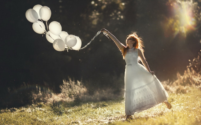Girl white dress balloons night free wallpaper for desktop - medium preview image