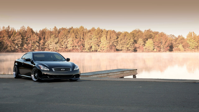 Car dock lake trees photorealism free wallpaper for desktop - medium preview image