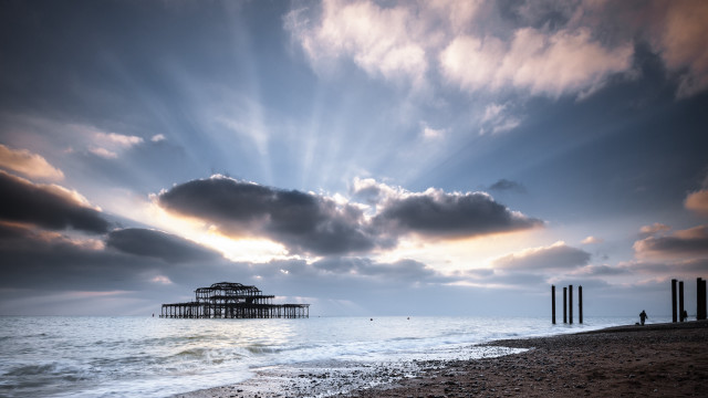 Pier beach cloudy sky water free wallpaper for desktop - medium preview image