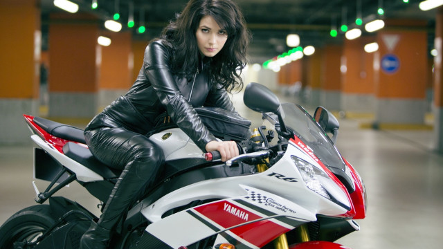 Woman leather motorcycle garage cinematic free wallpaper for desktop - medium preview image