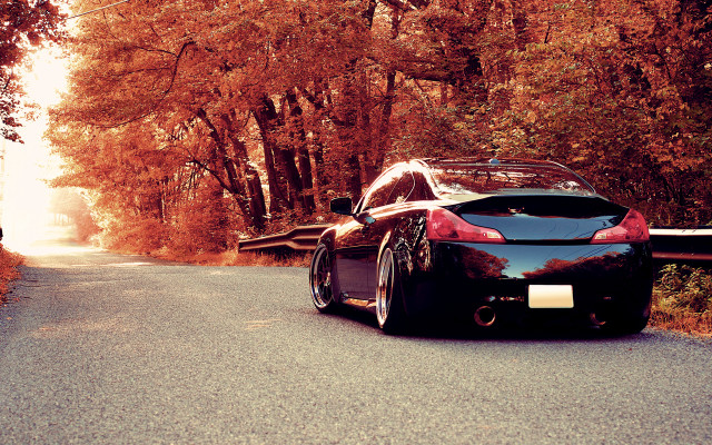 Black sports car woods bridge free wallpaper for desktop - medium preview image