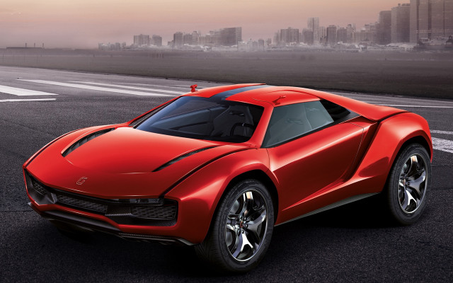 Red sports car city skyline free wallpaper for desktop - medium preview image