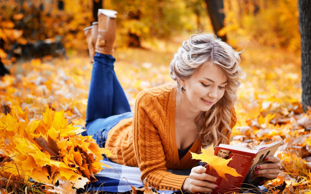 Woman reading autumn leaves tree free wallpaper for desktop - medium preview image