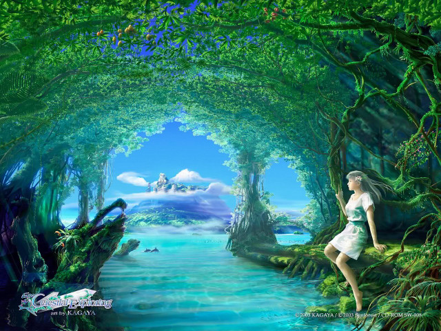 Woman white dress forest river free wallpaper for desktop - medium preview image