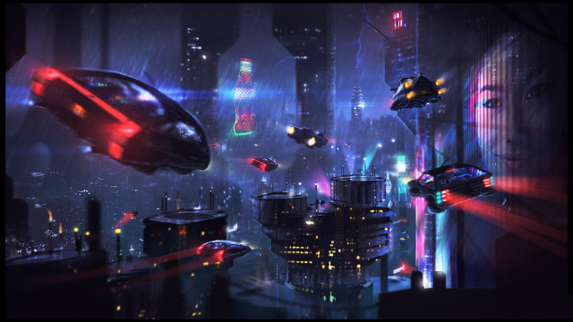 Futuristic city car spaceship night free wallpaper for desktop - medium preview image