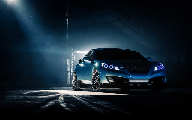 Blue car dark garage headlights free wallpaper for desktop - medium preview image