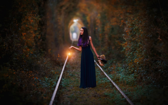Woman holding light traintrack woods free wallpaper for desktop - medium preview image