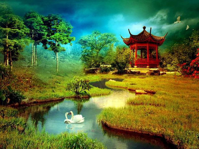 Swan swimming pond park pagoda free wallpaper for desktop - medium preview image