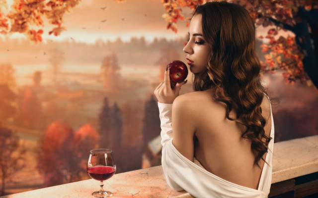 Woman wine apple autumn blurry free wallpaper for desktop - medium preview image