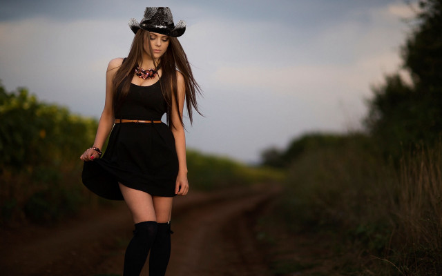 Woman black dress cowboy hat free wallpaper for desktop - medium preview image