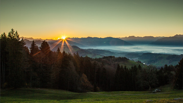 Sunset mountain range forest valley free wallpaper for desktop - medium preview image