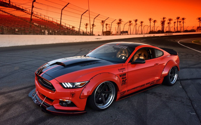 Red mustang driving sunset palm free wallpaper for desktop - medium preview image