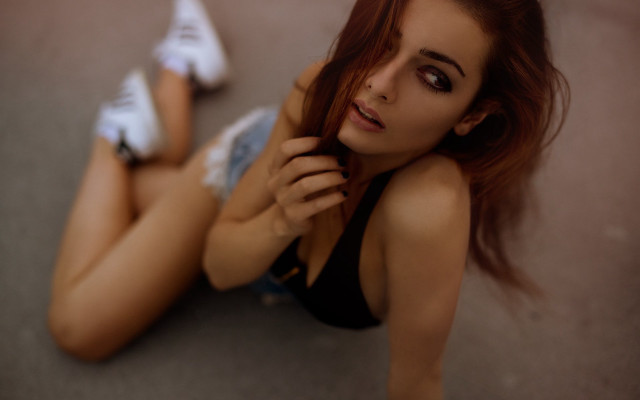 Woman crossed legs red hair free wallpaper for desktop - medium preview image