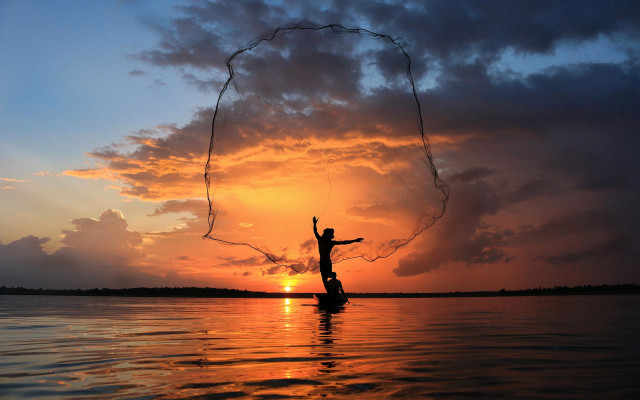 Surfing girl sunset ocean mountain free wallpaper for desktop - medium preview image
