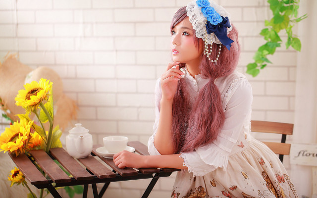Pink haired woman coffee flower free wallpaper for desktop - medium preview image