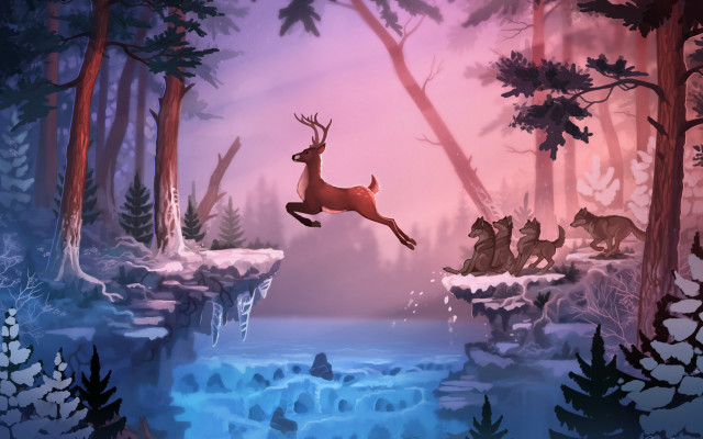 Deer leaping frozen waterfall forest free wallpaper for desktop - medium preview image