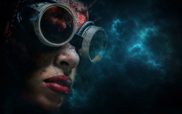 Woman gasmask staring blue red free wallpaper for desktop - medium preview image