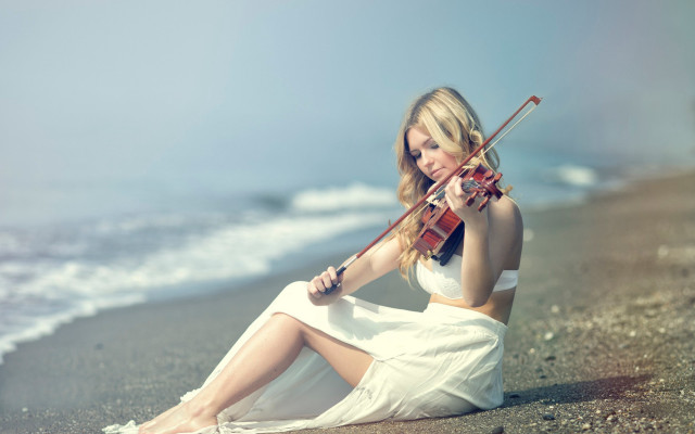 Woman beach violin blonde sand #2 free wallpaper for desktop - medium preview image