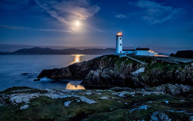 Lighthouse rocky shore moonlit water free wallpaper for desktop - medium preview image