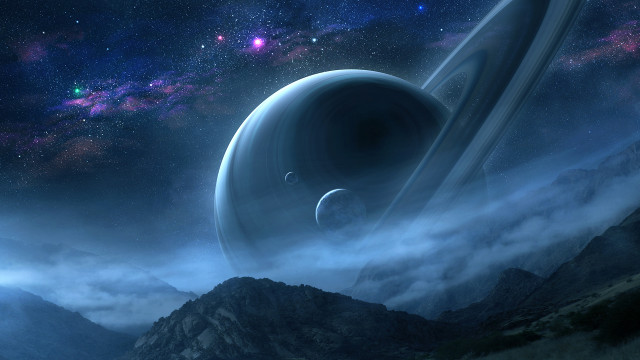 Planet ring mountains stars clouds free wallpaper for desktop - medium preview image