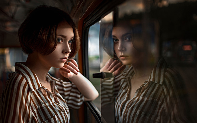 Window woman striped shirt portrait free wallpaper for desktop - medium preview image