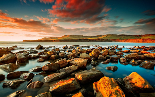 Rocky beach sunset red sky #2 free wallpaper for desktop - medium preview image