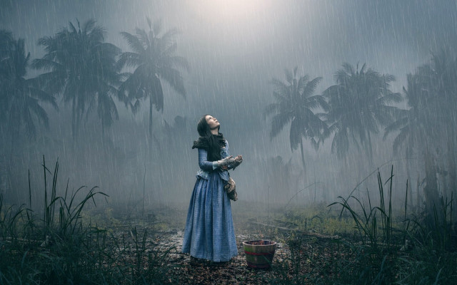 Woman blue dress rain flower free wallpaper for desktop - medium preview image