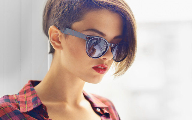 Woman sunglasses plaid shirt cellphone free wallpaper for desktop - medium preview image