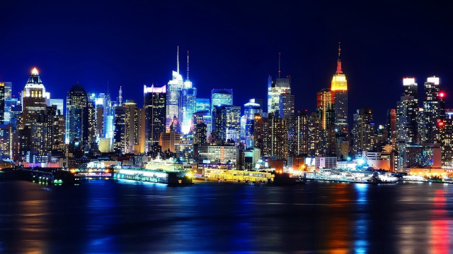 City skyline night blue lights free wallpaper for desktop - medium preview image
