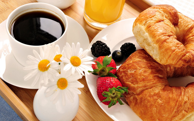Breakfast tray croissant fruit coffee free wallpaper for desktop - medium preview image