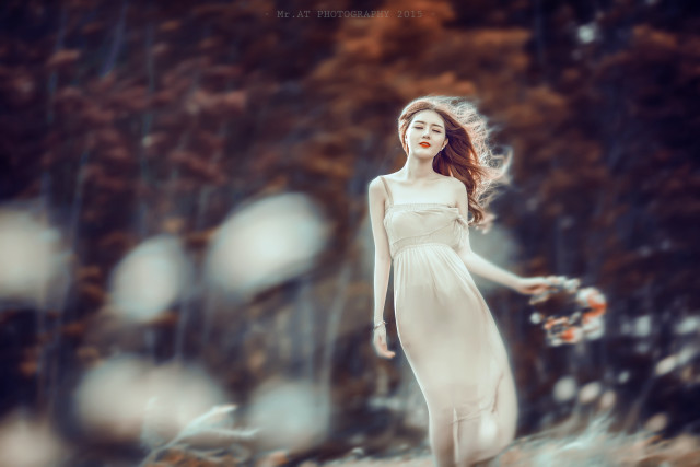 Woman white dress walking woods free wallpaper for desktop - medium preview image