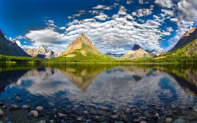 Mountain reflection lake rocks grass free wallpaper for desktop - medium preview image