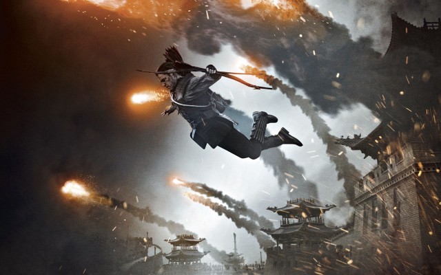 Flying man sword city smoke free wallpaper for desktop - medium preview image