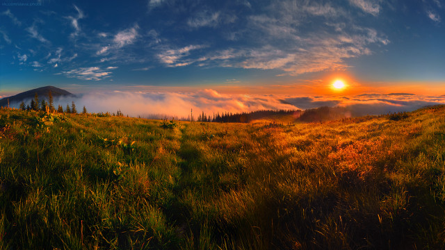 Mountain sunset field cityscape forest free wallpaper for desktop - medium preview image