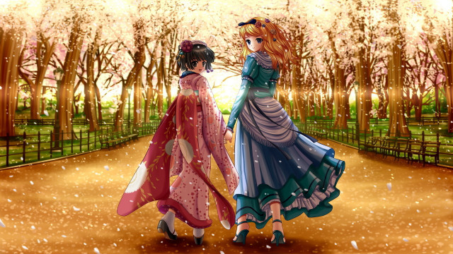 Two women walking snowy path free wallpaper for desktop - medium preview image