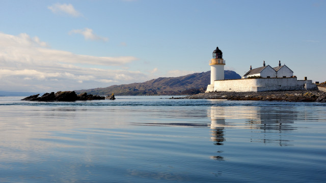 Lighthouse rocky shore mountains water free wallpaper for desktop - medium preview image