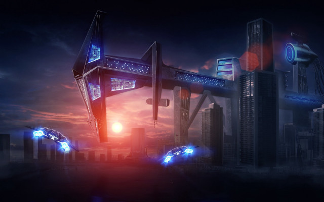 Futuristic city clock tower neon free wallpaper for desktop - medium preview image