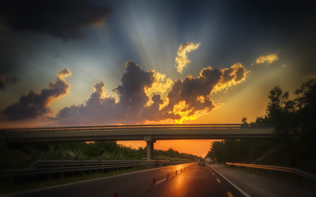 Sunset highway bridge clouds cars free wallpaper for desktop - medium preview image