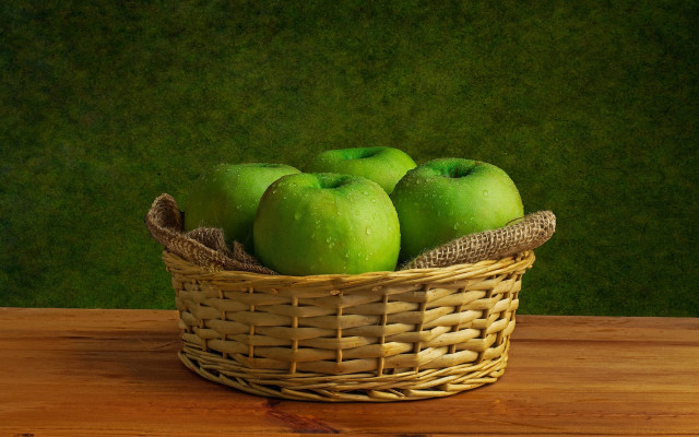 Green apples basket still life free wallpaper for desktop - medium preview image