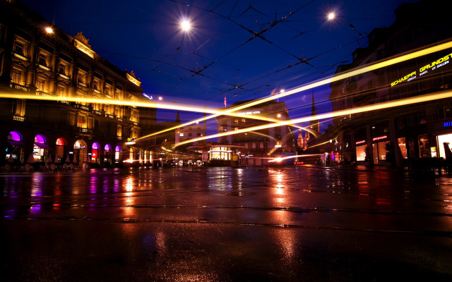 City street night lights anamorphic free wallpaper for desktop - medium preview image