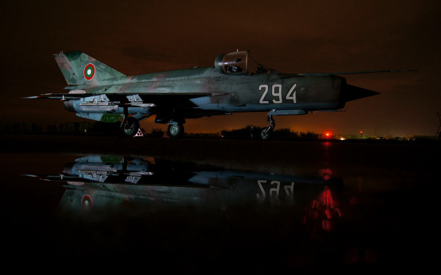 Fighter jet night reflection runway free wallpaper for desktop - medium preview image