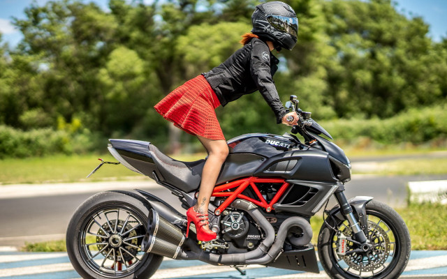Woman red dress motorcycle outdoors free wallpaper for desktop - medium preview image