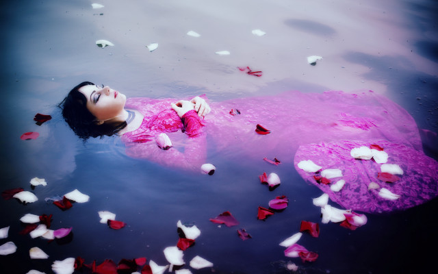 Woman floating petals water photorealistic free wallpaper for desktop - medium preview image